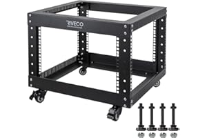RIVECO 6U Open Frame Server Rack with Wheels- Heavy Duty 4 Post Quick Assembly 19-inch Support 600KG Equipment Thick Cold Rol