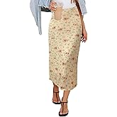 HERBATOMIA Women’s Floral Print Midi Skirt Casual High Elastic Waist Zipper Vintage Long Boho Skirts for Women