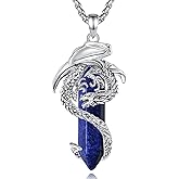 EUDORA Vintage Dragon Necklace with Healing Crystal for Women Men, Silver Plated Copper Viking Dragon Pendant Amulet Energy Gothic Jewelry, Gift for Women Men Dad Mother Mom, Chain 20" +24"
