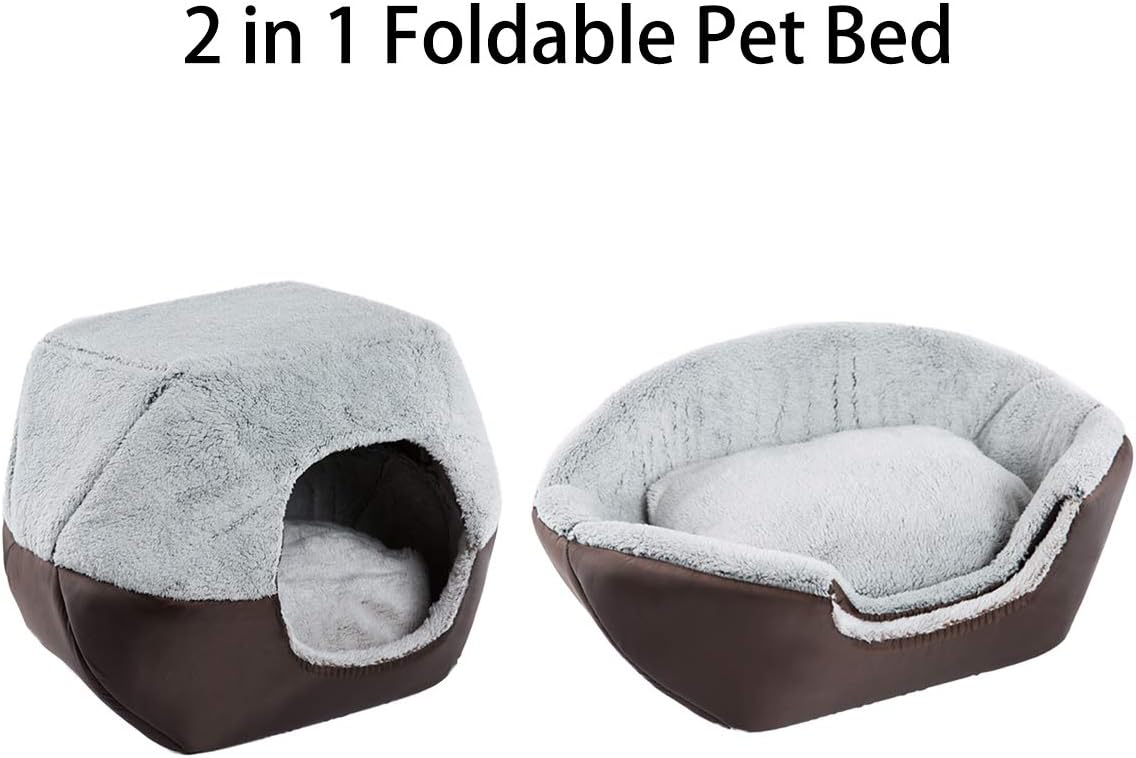 Hollypet Coral Velvet Self-Warming 2 in 1 Foldable Cave House Shape Nest Pet Sleeping Bed for Cats and Small Dogs, Gray : Pet Supplies