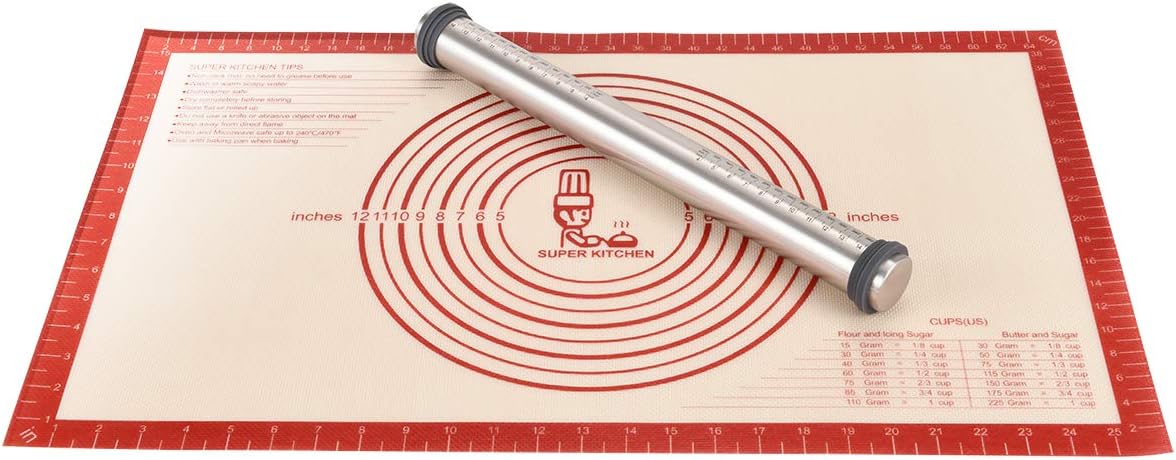 Nudelholz Edelstahl Teigroller zum Backen Teigrolle mit Antihafte Rutschfeste Backunterlage/Backmatte Silikon Groß 66x40cm Ausrollmatte Teigmatte Silikonmatte für Fondant, Pizza, Cookie, Teig