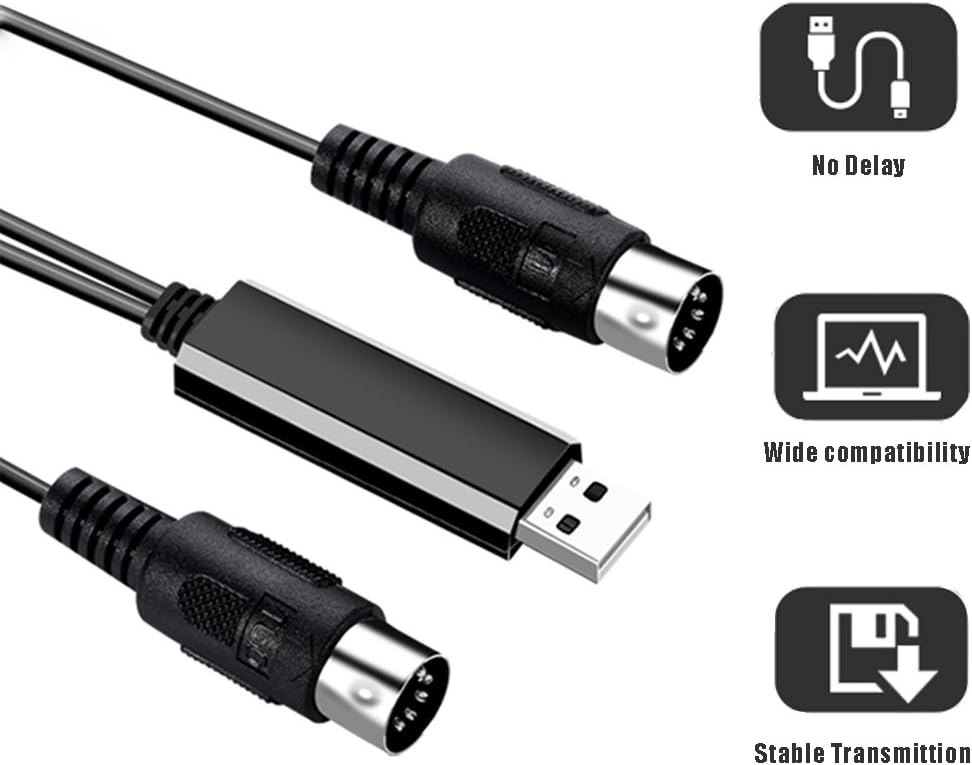 [No Delay] DoitY USB IN-OUT MIDI Cable Converter | High Fidelity Audio Transmission| Professional Piano Keyboard, Electronic Drum to PC/Laptop/Mac Adapter Cord for Home Music Studio - 6.5Ft