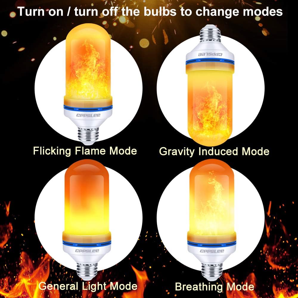 CPPSLEE LED Flame Effect Light Bulb, 4 Modes Flame Lights Bulbs, E26 Base Fire Light Bulbs with Gravity Sensor, Halloween Decorations Flickering Light Bulb for Indoor/Outdoor/Home/Party Decor(2 Pack) - - 