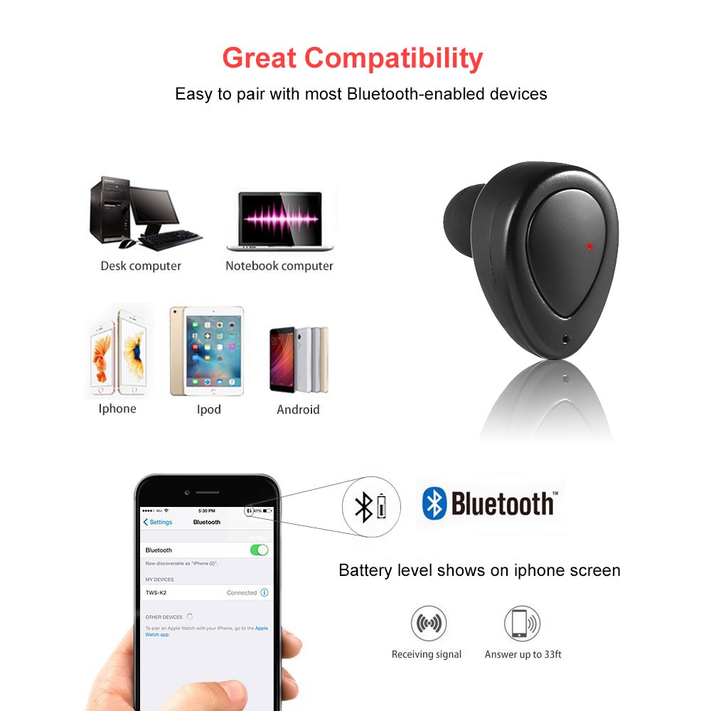 Mbuynow Mini Écouteur Bluetooth Sans Fil Oreillette Bluetooth 4.1 Stéréo Pour Sport Réduction du Bruit avec Microphone pour Apple iPhone iPad Android Samsung Ordinateur etc