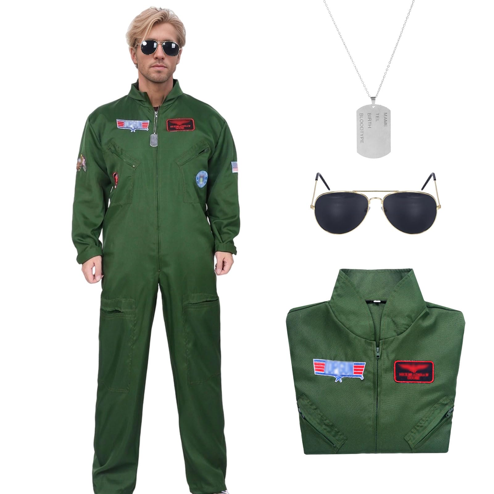 Crittygo Pilot Costume Men, Aviator Fancy Dress with Jumpsuit Necklace Glasses, Pilot Outfit for Men Adult Halloween Cosplay Costume