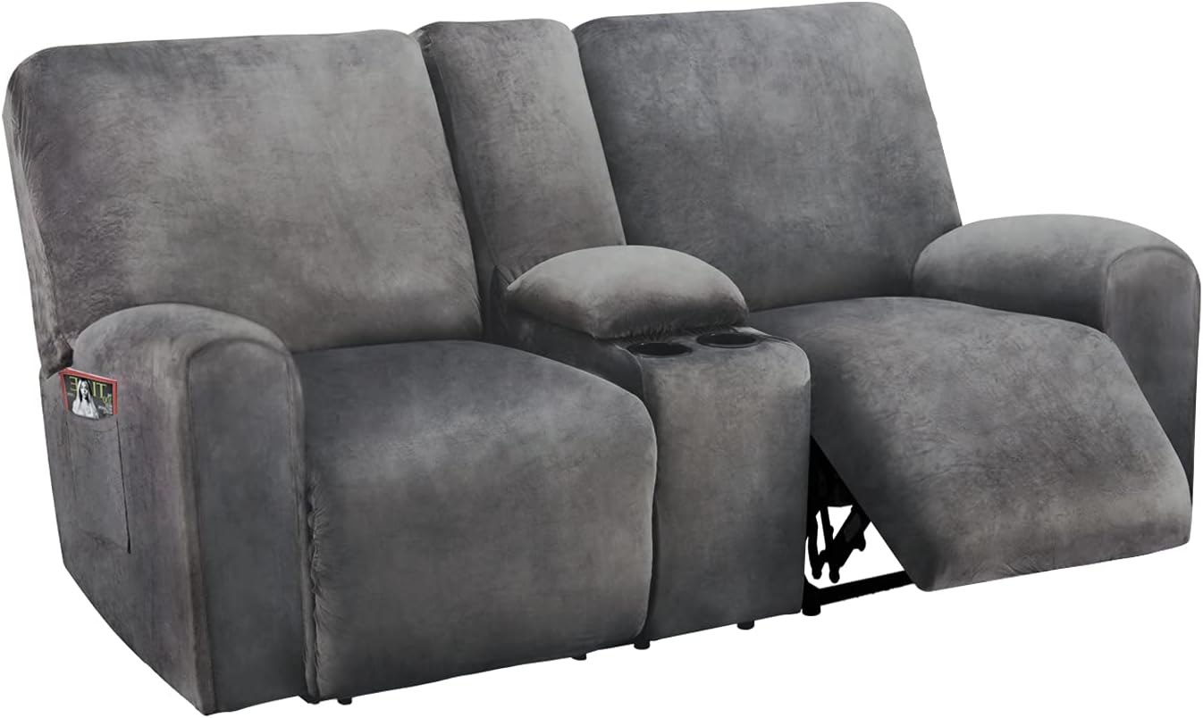 Slipcovers - ULTICOR Reclining Loveseat with Middle Console Slipcover, 8-Piece Velvet Stretch Sofa Covers, 2 seat Loveseat Recliner Cover, Thick, Soft, Washable(Dark Grey)