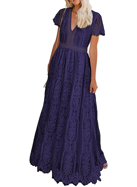 BDCOCO WOMEN’S V NECK FLORAL LACE WEDDING DRESS SHORT SLEEVE BRIDESMAID EVENING PARTY MAXI DRESS DEEP PURPLE