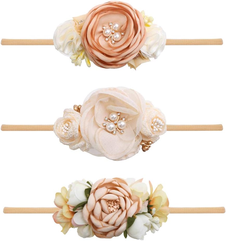 cherrboll 3pcs Baby Girl Headbands Flowers, Super Soft & Stretchy Nylon Floral Hairbands for Newborn Toddler