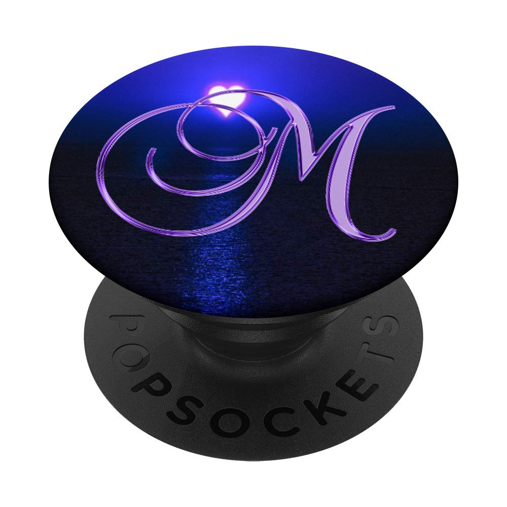 PopSockets M Purple Heart Beach Sunset Ocean Monogram Initial Letter PopSockets Grip and Stand for Phones and Tablets
