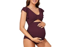 Summer Mae Ribbed Maternity Swimsuit Cutout One Piece Ruffle Sleeve Pregnancy Bathing Suit High Waisted Swimwear