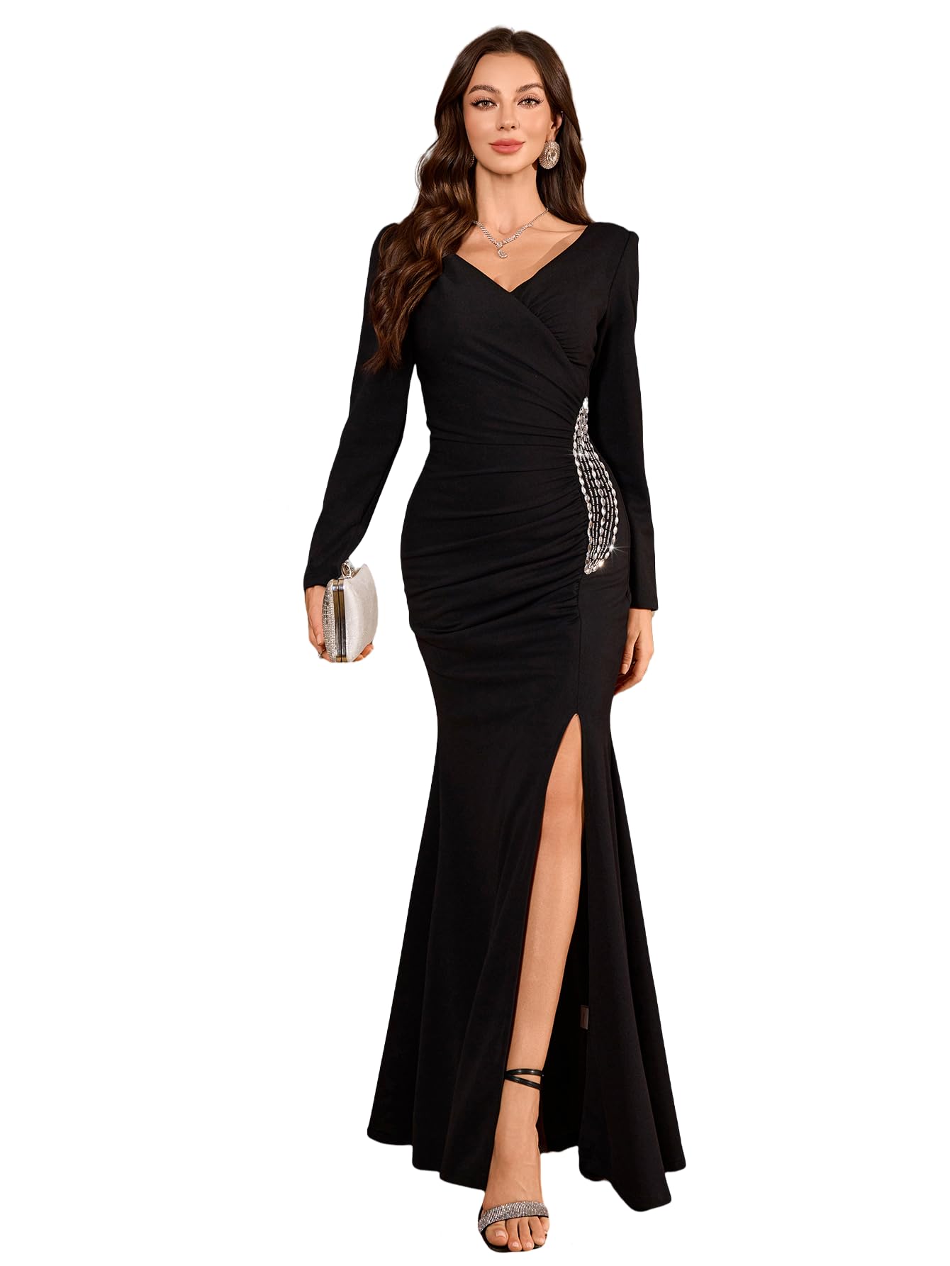 Photo 1 of (medium) GZXHXLIFU Women's v-Neck Long Sleeved Beaded Formal Evening Dress Mermaid Dinner Evening Dress Black