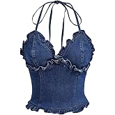 OYOANGLE Women's Lettuce Trim Spaghetti Straps Tie Backless Halter Denim Top Slim Fitted Jean Cami Tops