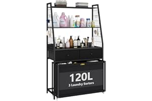 STIKELY Laundry Hamper Laundry Basket with 3 Section Pull-Out Rolling Bags & 2-Tier Storage Shelf, Laundry Sorter for Organization and Storage with 2 Drawers for Laundry Room, Bathroom