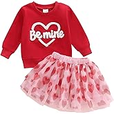 Doisbetthsay Toddler Girls Valentines Dress Baby Girl Valentines Outfit Long Sleeve Heart Sweatshirt Tulle Skirt Set 2-Piece