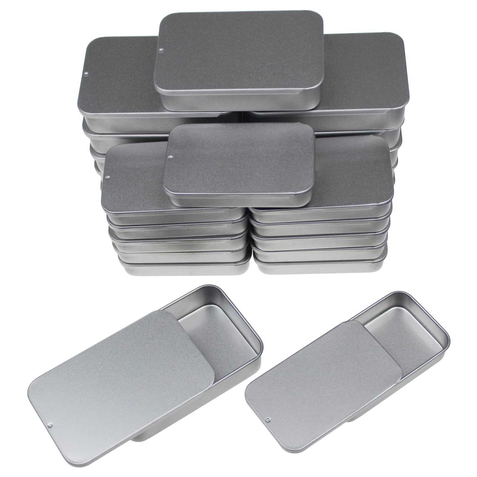 Goodma 24-Pack Slide Top Rectangular Metal Tin Containers for Candies Jewelry Crafts Pills Lip Balm Storage Survival Kit, Mixed Sizes (Silver)