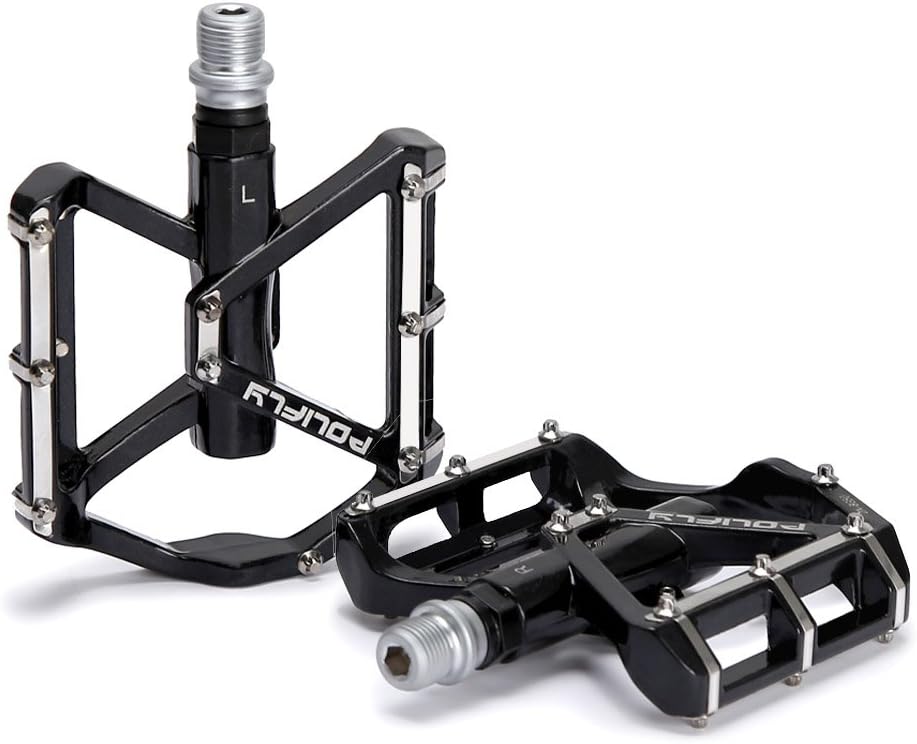 POLIFLY Set of 2pcs Black Bicycle Bike MTB Aluminum Pedals Platform CNC Steel Axle 9/16
