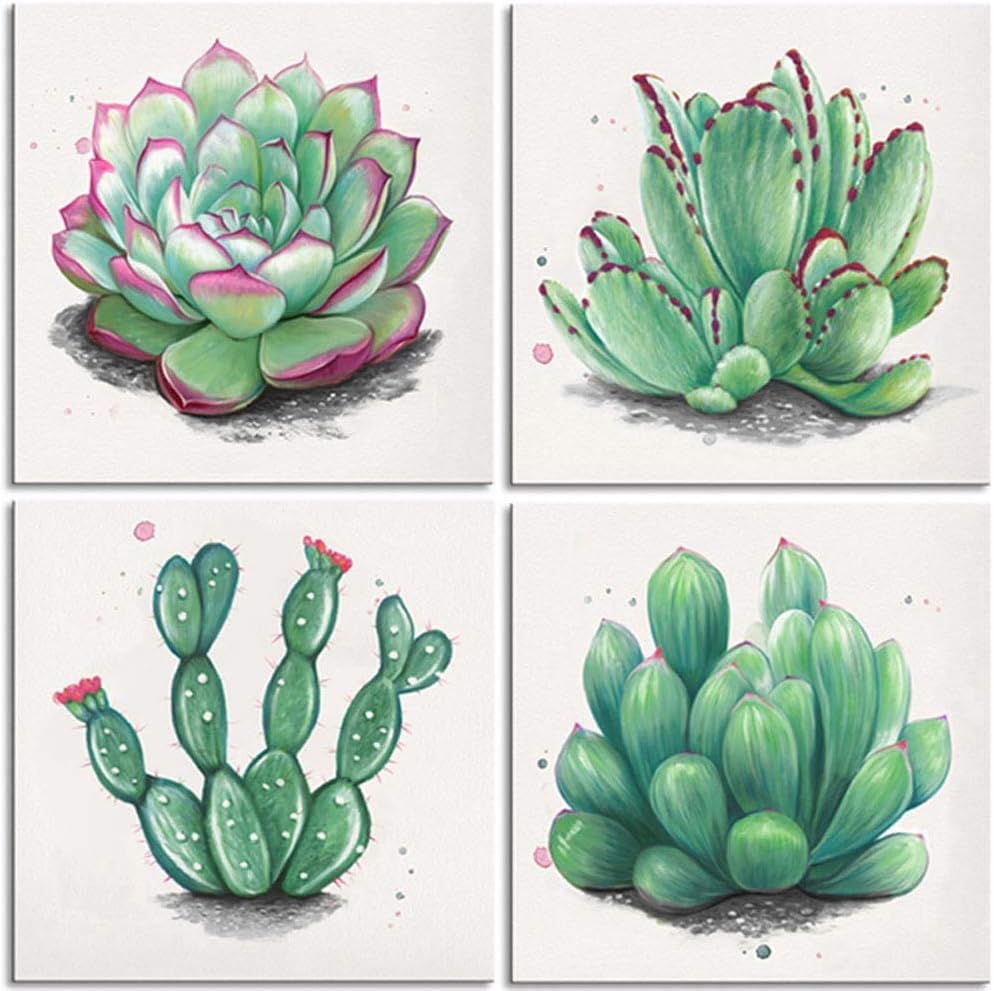 CANVASZON Bedroom Decor Succulent Decor Green Leaves Canvas Posters Prints Watercolor Framed Tropical Plant Pictures for Wall Decorations Green 16x16 x4pcs