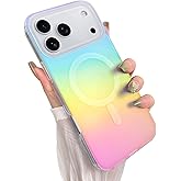 Heaofei Cute Case for iPhone 17 Pro Case for Women Girls [Compatible with Magsafe] Aesthetic Girly Glitter Bling Rainbow Magnetic Protective Phone Cover, Translucent Iridescent Blue & Pink