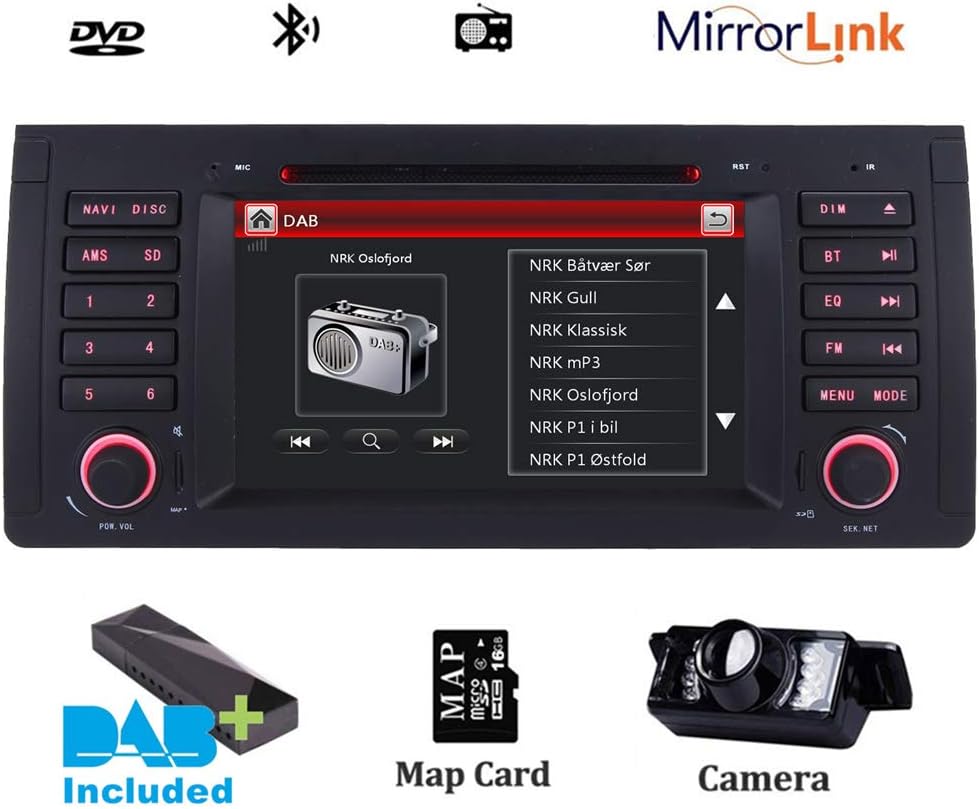 Double Din Head Unit Car Stereo CD DVD Sat Nav GPS Navigation Bluetooth for BMW E39 5 Series 1995-2002 X5 Serias E53 M5 Bluetooth 7” HD Capacitive Touch Screen Mirroring DAB+ Radio RDS 3G