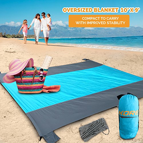 Kore Beach Blanket, Family Size 10'x9', 5 Sand Pockets+4 Anchor Loops&Stakes, Made with Durable 100% Nylon Water Proof, Lightweight, Portable Mat -Durable,Completely Sand Proof