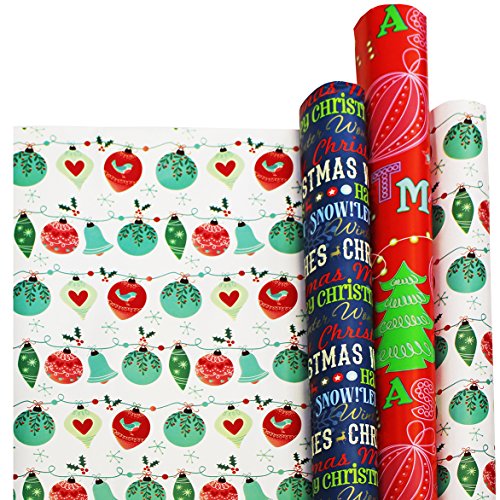Winter Themed Gift Wrap in Assorted Bright Styles 24 in x 20 ft in Each Roll, 3 Rolls