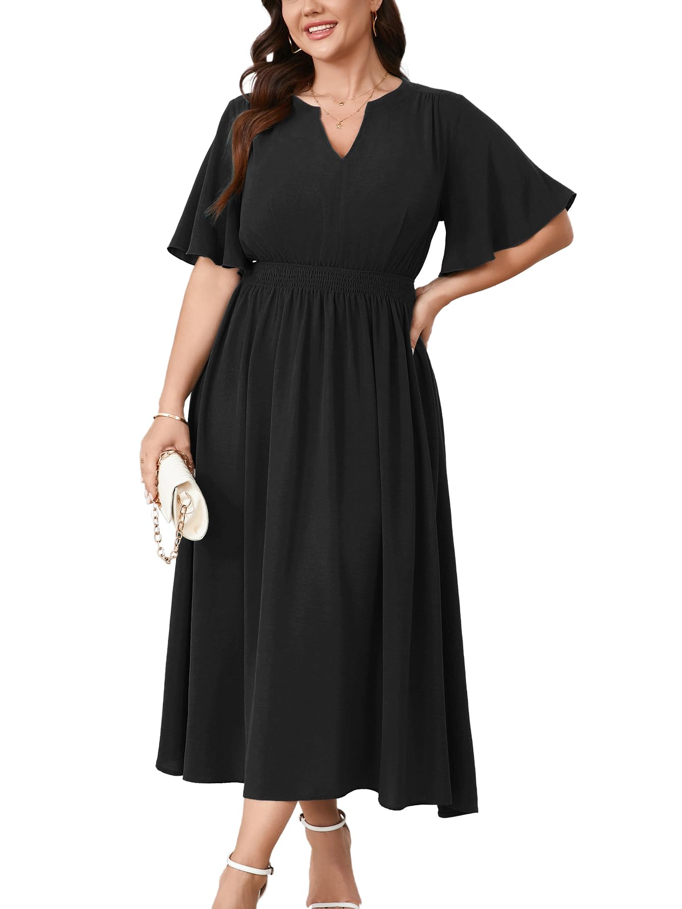 Photo 1 of CICIDUDU Women's Plus Size Dress for Women Wedding Guest Cocktail Smocked Ruffle Short Sleeve V Neck Flowy Maxi Dresses Black 4XL