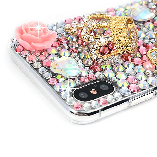iPhone X Case, Mavis's Diary Full Edge Protective Plastic Case, 3D Handmade Crystal Clear Bling Full Diamonds Colorful Shiny Rhinestone Pink Pumpkin Car Gold Crown Hard PC Cover for iPhone X Edition