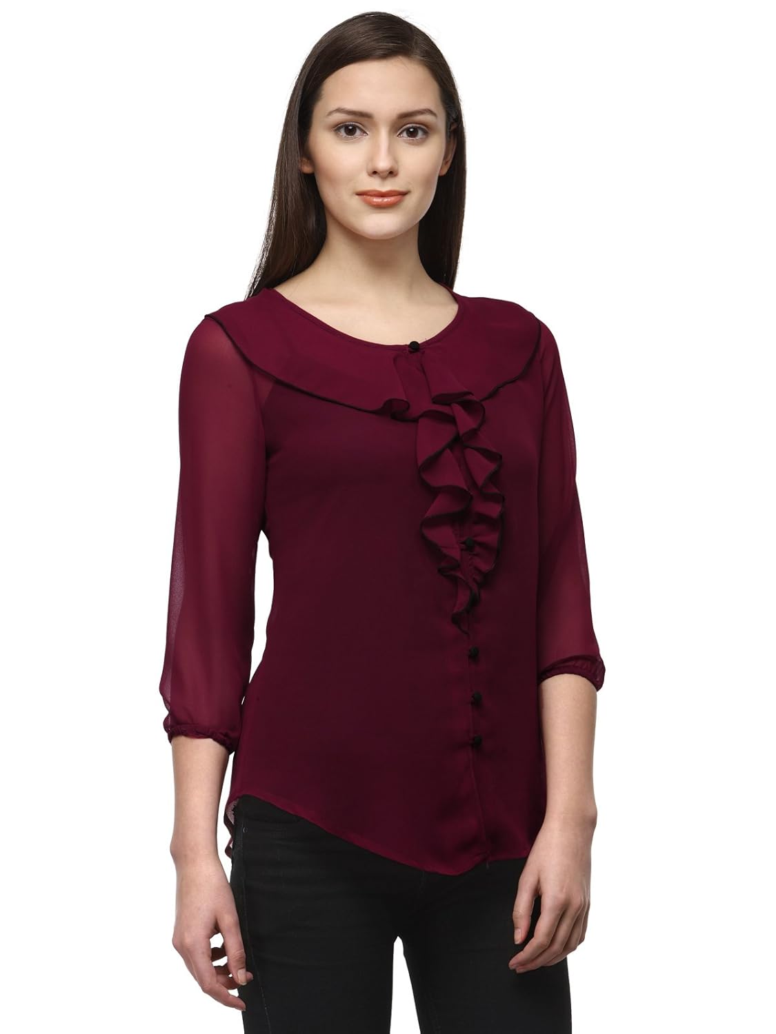 tunic nation women's wine 100% poly georgette frill top