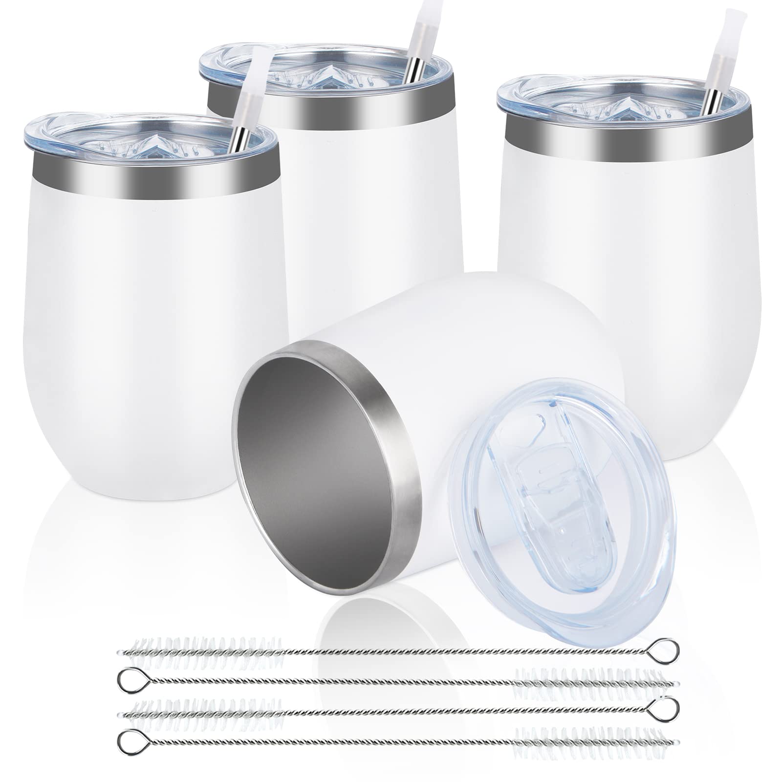 Reusable Coffee Cup, Double Walled -Insulated Travel Mug Vacuum Stainless Steel Wine Tumbler with Spill Proof Lid, Great for Hot & Cold Drinks - Coffee, Wine, 12oz/340ml (4 Piece Set, White)