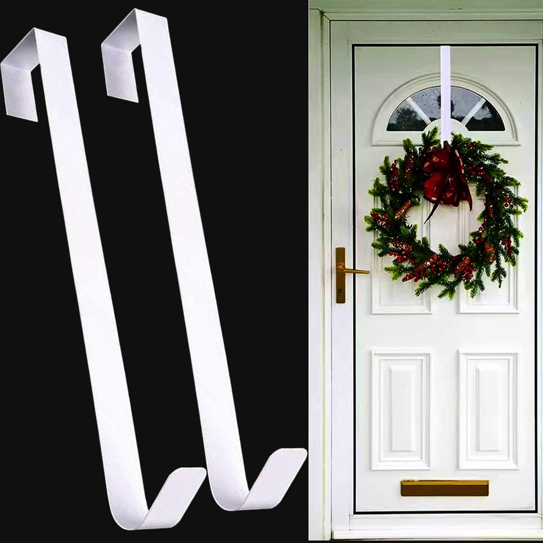 Christmas Wreath Hanger,2 PCS Wreath Hanger for Front Door,30 cm(11.8 Inches length) Metal Wreath Hanger, Door Wreath Hook for Christmas Home Office Wall Wedding Wreaths or Decorations (2PCS White)
