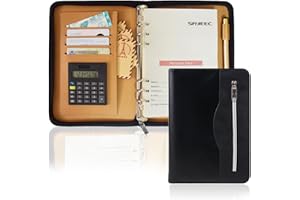 SAYEEC A5 Multifunctional Zippered Notebook Travel Notebook Business 6Ring Binder Meeting Folder Loose leaf Notepad with Calculator Pen Holder for Men Women