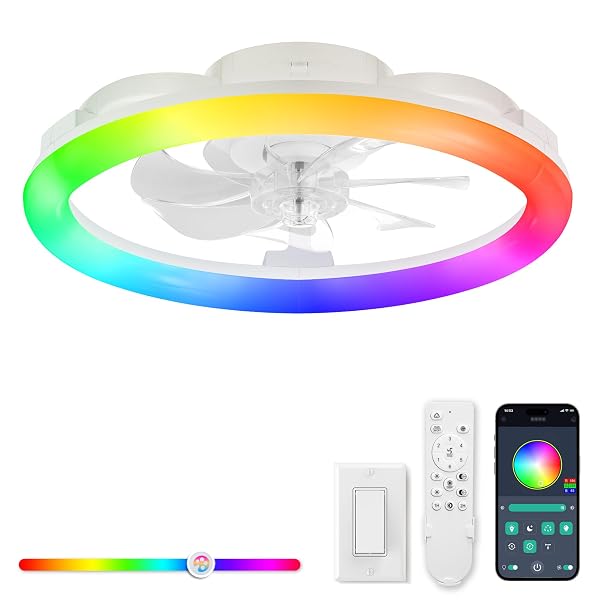 LEDIARY RGB LOW PROFILE CEILING FANS WITH LIGHTS AND REMOTE, 20 INCH DIMMABLE MODERN CEILING FAN(3000K-6000K), 6 SPEED, REVERSIBLE, APP & REMOTE CONTROL, FLUSH MOUNT FAN LIGHT, WHITE RGB CEILING FANS