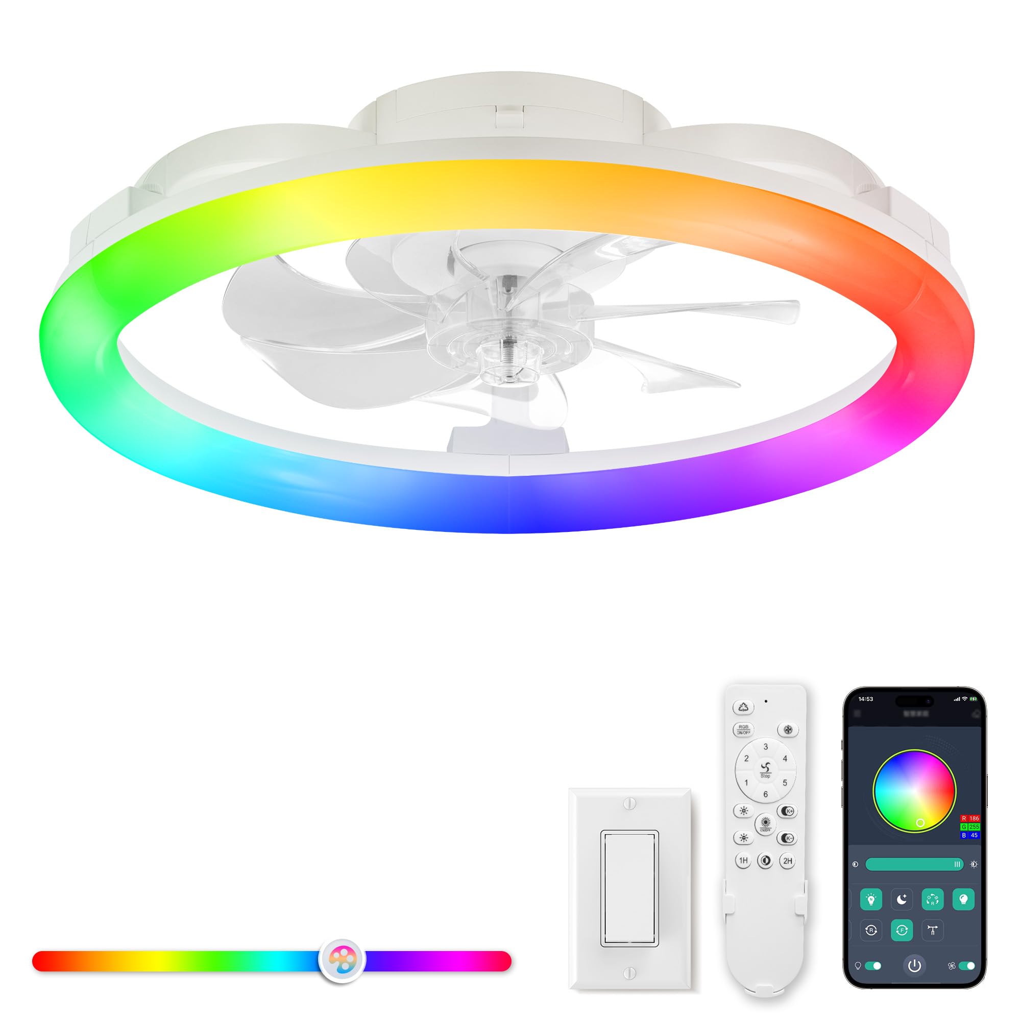 Photo 1 of LEDIARY RGB Low Profile Ceiling Fans with Lights and Remote, 20 Inch Dimmable Modern Ceiling Fan(3000K-6000K), 6 Speed, Reversible, APP & Remote Control, Flush Mount Fan Light, White RGB Ceiling Fans