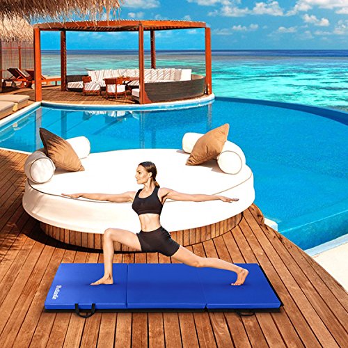 Matladin 6' Folding Tri-fold Gymnastics Gym Exercise Aerobics Mat, 6ft x 2ft x 2in PU Leather Tumbling Mats for Stretching Yoga Cheerleading Martial Arts (Blue) - Thumbnail 2