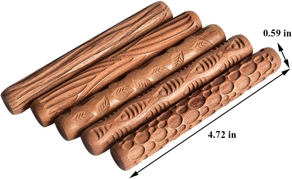 Lzttyee Set of 5 Wooden Handle Pottery Tools Clay Modeling Pattern Rollers Kit Brown