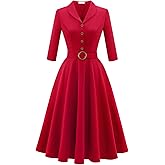 Bbonlinedress Women Long Sleeve Vintage Cocktail Dress Work Party Formal 1950s Retro Fit and Flare Modest Church Dress