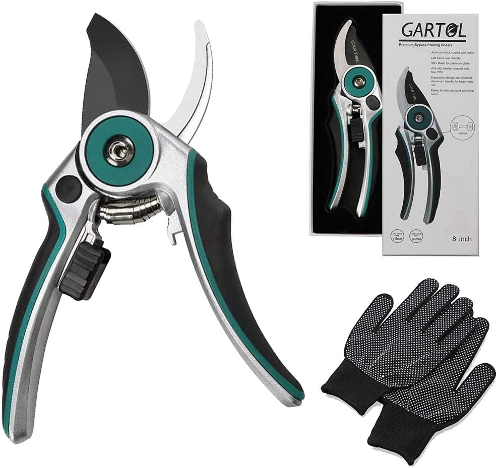 GARTOL Bypass Pruning Shears 8-inch Garden Hand Pruning Tree Trimmers, Sharp and Durable SK-5 Blade, Ergonomic Rubber Handle, Adjustable Cutting Range