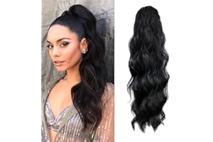 KETHBE 24 Inch Long Body Wave Ponytail hair Extension Synthetic Heat Resistant Wrap Around Drawstring Curly Wavy Ponytail Hairpieces for Women(Black)