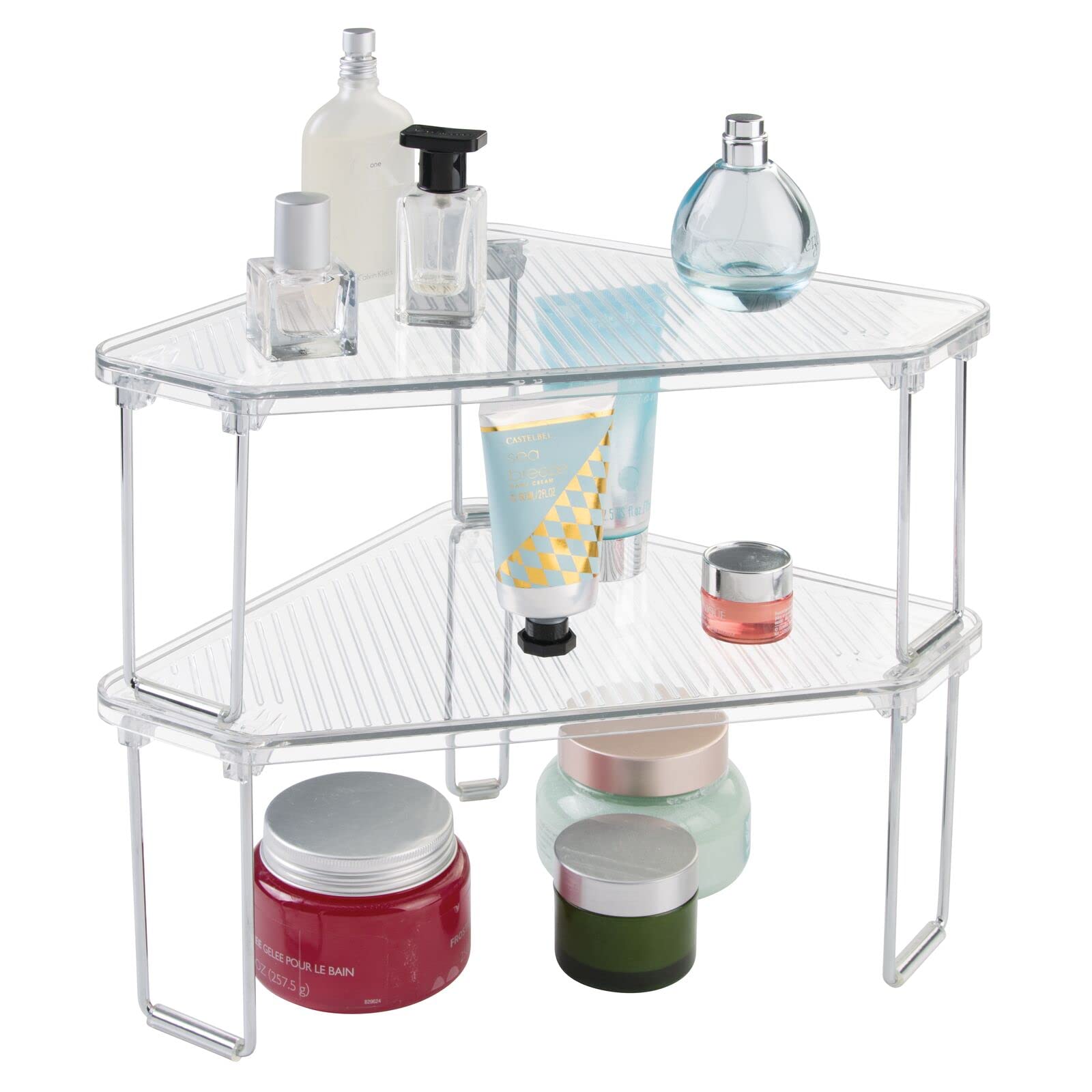 mDesign Plastic Corner Shelves - Set of 2 - Bathroom Storage for Cosmetics and Accessories - Perfect Storage Rack that Can Be Used as a Makeup Organiser and More - Clear