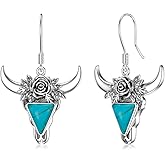 BETHZA Turquoise Cow Skull Earrings 925 Sterling Silver Turquoise Cow Head Dangle Earring Bohemian Western Jewelry Gifts for Women Cowgirls