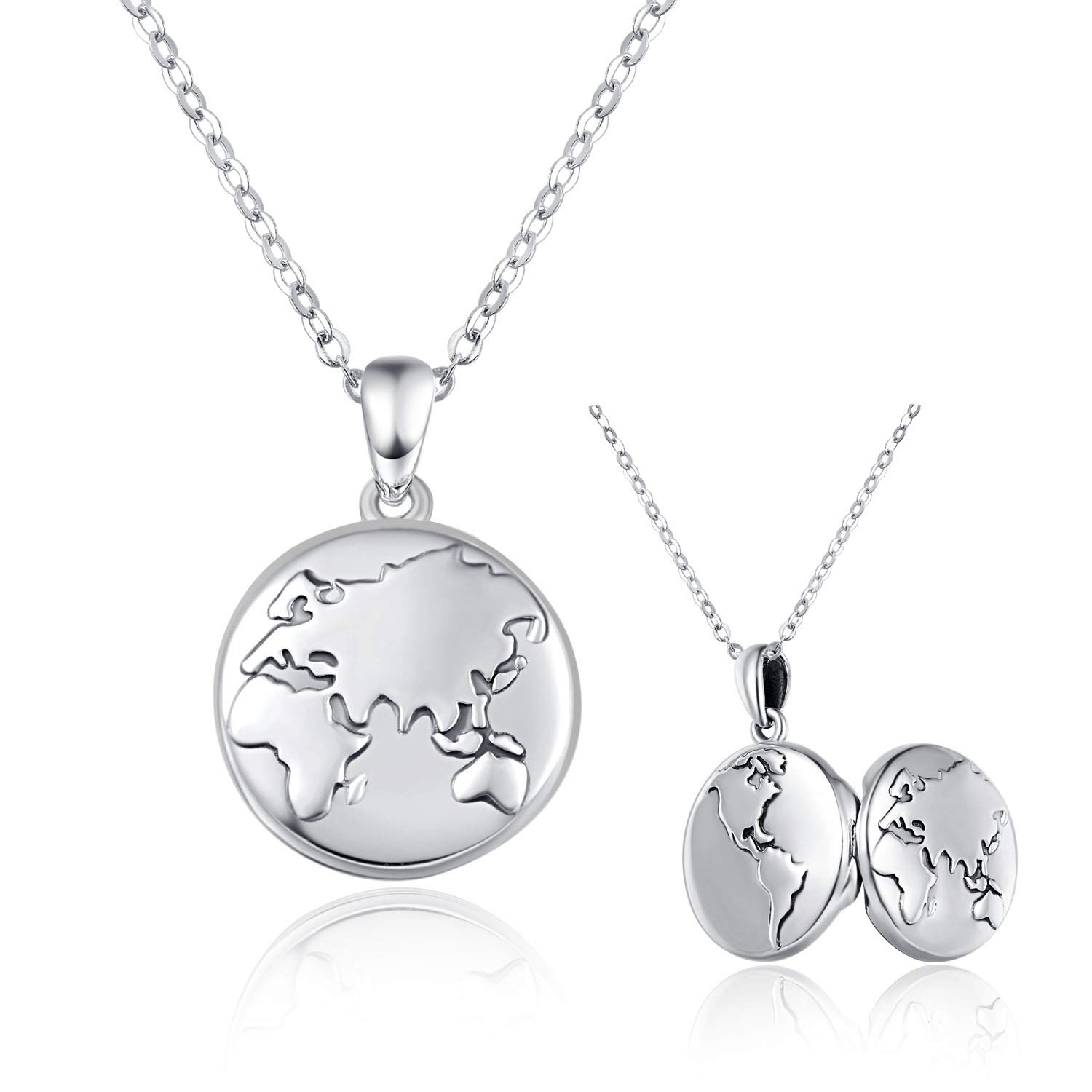 TANGPOET Locket Necklace for Women 925 Oxide Silver World Map Photo Pendant Picture Lockets Necklace Memorial Gifts for Ladies Girls Mum Daughter Grandmother Family — image 1
