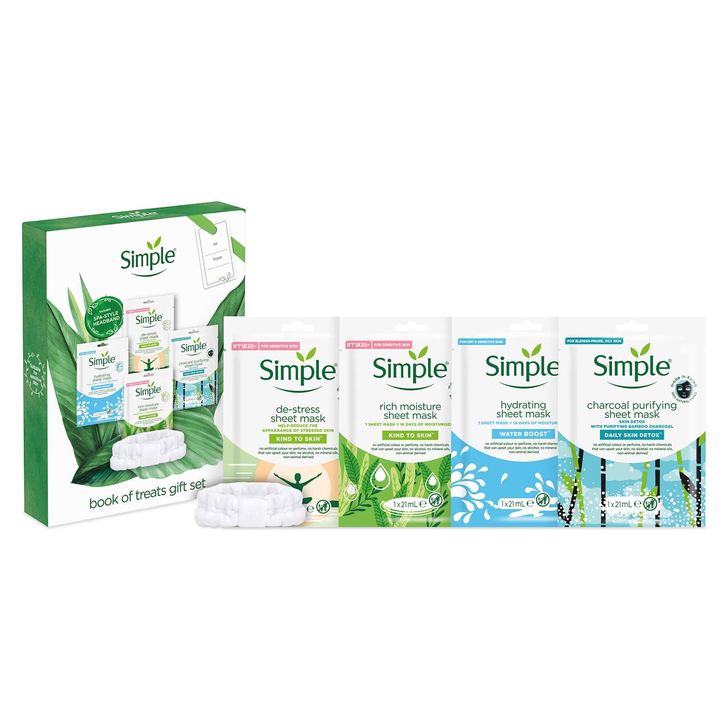 Simple Book of Treats Four Sheet Masks for every skin condition with a stretch head band Gift Set Festive gifts for Women 4 piece
