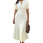 LAJIOJIO Women's Ribbed Knit Long Dress Button Down V Neck Short Sleeve Slim Fit Elegant Dresses
