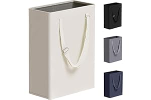 TECHMILLY Slim Laundry Hamper with Adjustable Long Handles, 45L Small Laundry Baskets with Mesh Top, Narrow Dirty Clothes Hamper for Bedroom, Closet, and Bathroom - Beige