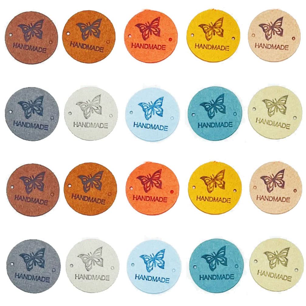 Houhounb Handmade Fabric Labels - Circular Sewing Cloth Labels with 2 Holes Butterfly Pattern for DIY Sewing Hat Bag Clothing Decor, 40 Pieces