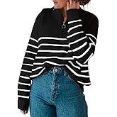 Amkoyam Women's Striped Sweaters 2023 Long Sleeves Knitted Casual Pullovers Loose Shirt Tops with Button Fall Winter