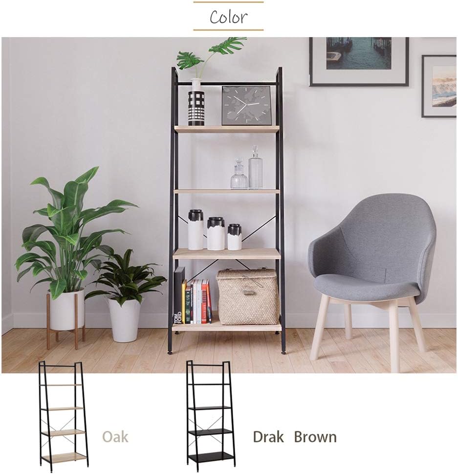 Bestier Vintage Ladder Shelf 4 Tier Bookshelf Metal and Wood Bookcase Home Office Storage Rack Display Shelf P2 Wood: Furniture & Decor