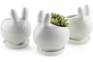 T4U Ceramic Pot White, Rabbit Planter Succulent Plant Cactus Flower Porcelain Holder Container Outdoor Indoor Home Office Decoration with Round Tray - Pack of 3