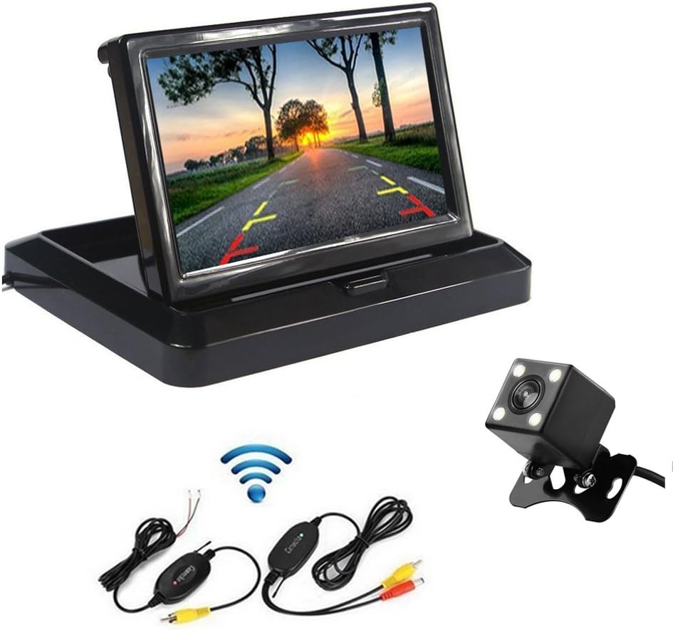 Camecho Car Wireless Backup Camera 5 Inch Foldable Color TFT Monitor Mini Size Rear Camera4 LED Night Vision IP 67 Waterproof 170 Degree Wide View