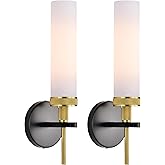 LaLuLa Wall Sconce Set of 2, Black and Gold Vanity Lights for Bathroom, Knurled Detail, Frosted Glass Cylinder Shade, E26 Bas